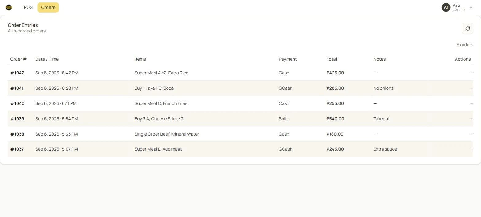 Staff order history with items, payment method and per-order notes